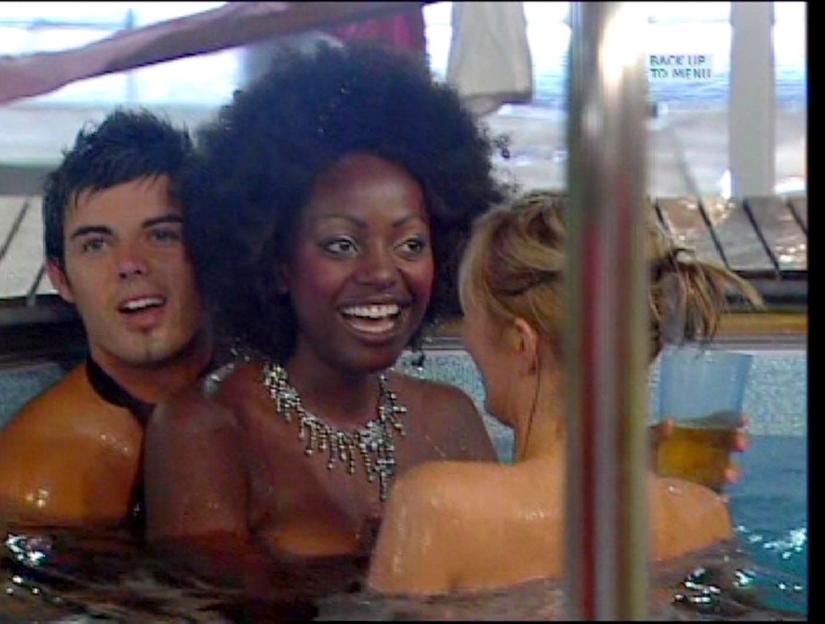 Three contestants in a hot tub.