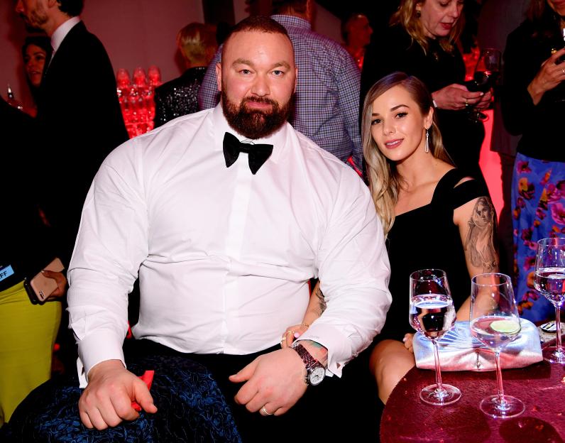 Hafþór Júlíus Björnsson and Kelsey Henson at a Game of Thrones party.