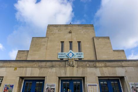 Art Deco style frontage of the Mounts Baths in Northampton, UK.