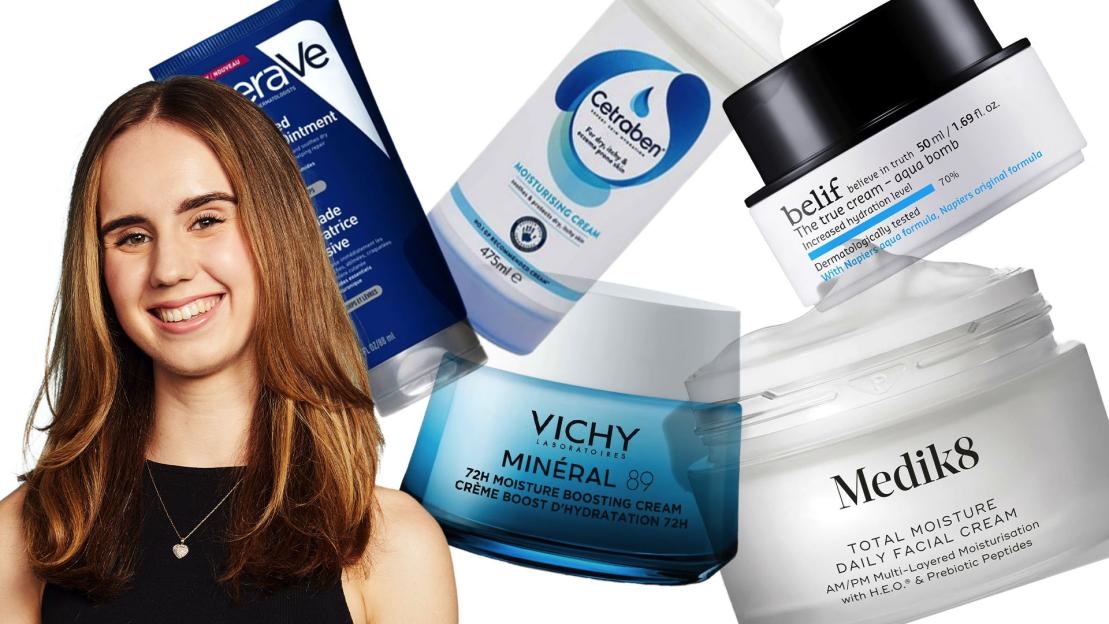 Collage of a smiling woman's face overlapping images of five skincare products: CeraVe, Cetraben, Belif, Vichy, and Medik8.