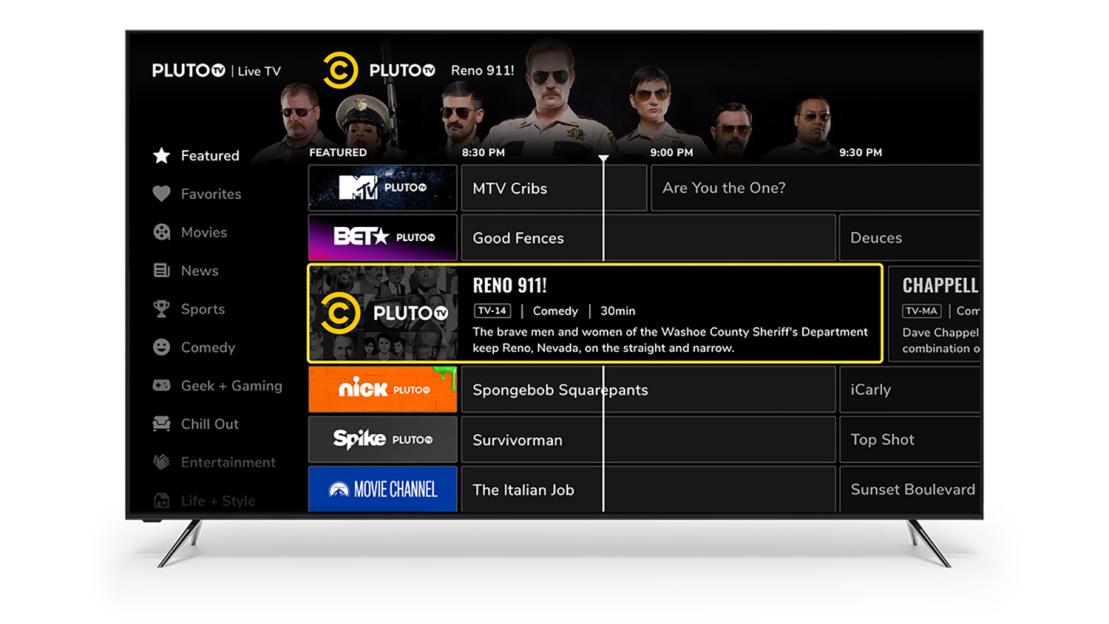 Screenshot of Pluto TV's Live TV interface on a television screen, displaying Reno 911! as the featured program.