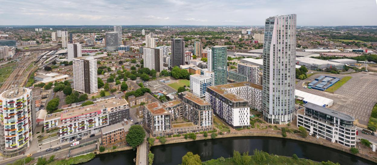 Aerial view of Stratford High Street, Newham, London.