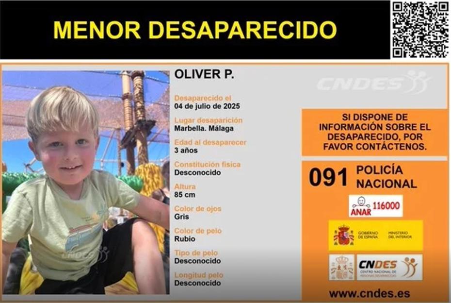 Missing child poster: Photo of 3-year-old Oliver P., last seen in Marbella, Spain. Contact Spanish authorities if you have information.