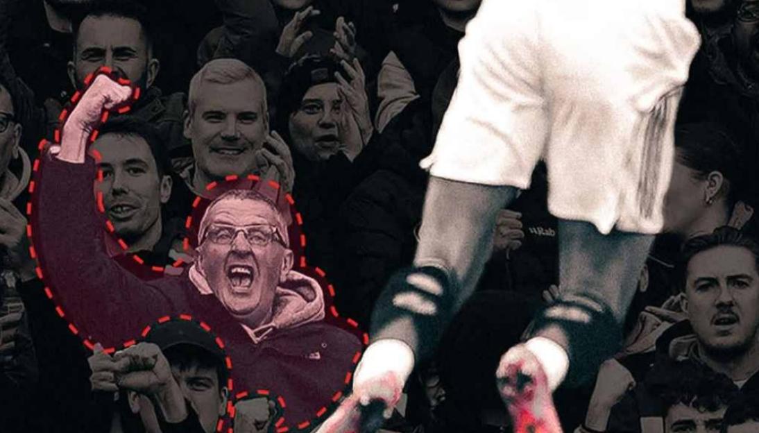 Illustration of a man in a crowd with a fist raised, outlined in red, and a blurred image of a player next to him.