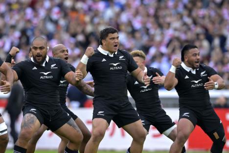 YOKOHAMA, JAPAN - OCTOBER 26: (L-R) Ofa Tu'ungafasi, Tamaiti Williams and Asafo Aumua of New Zealand perform a haka ahead of the international rugby test match between Japan and the New Zealand All Blacks at Nissan Stadium on October 26, 2024 in Yokohama, Japan. (Photo by Koki Nagahama/Getty Images)