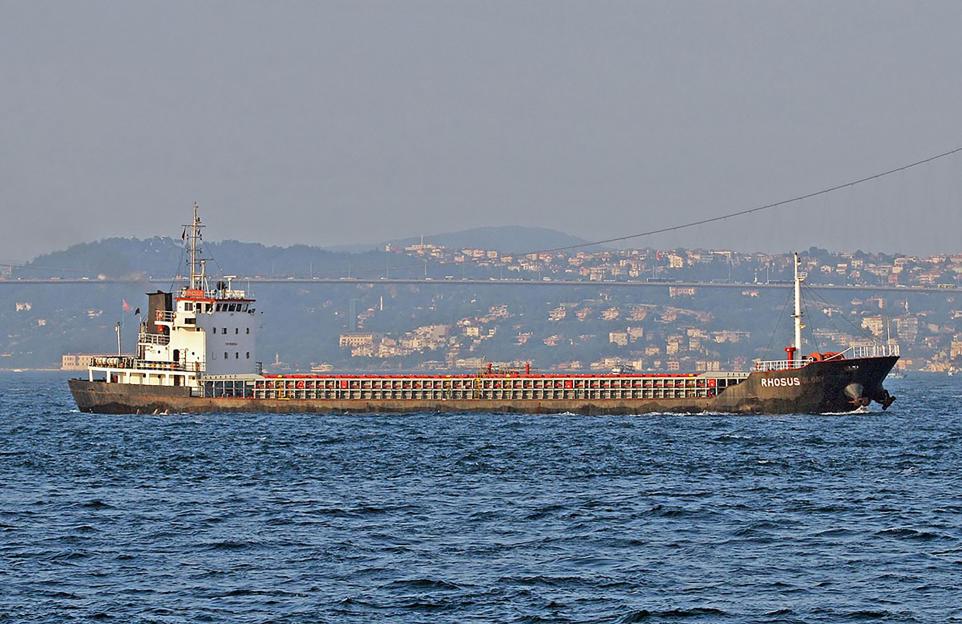 General cargo ship Rhosus sailing on the water.