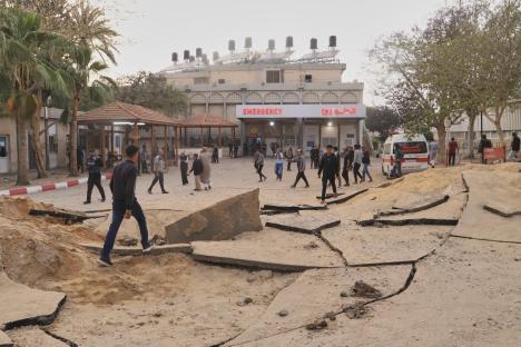 Damage to a hospital grounds following an airstrike.