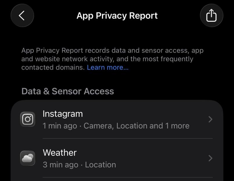 App Privacy Report showing Instagram accessed the camera and location 1 minute ago, and Weather accessed location 3 minutes ago.
