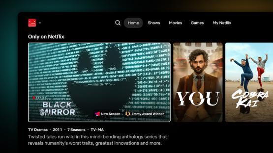 Netflix screenshot showing Black Mirror, You, and Cobra Kai.