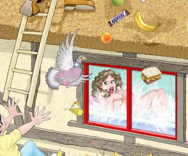 Illustration of a chaotic scene with a woman in a bathtub, food falling from the ceiling, a pigeon, and a man reaching up.