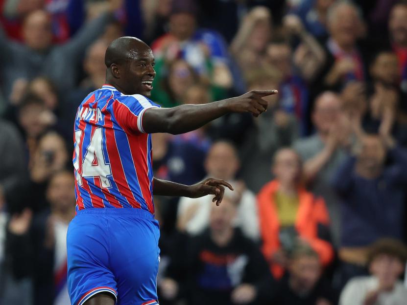 Jean-Philippe Mateta of Crystal Palace celebrating a goal.