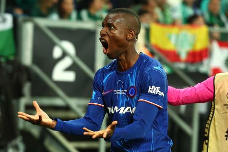 Nicolas Jackson of Chelsea celebrating a goal.