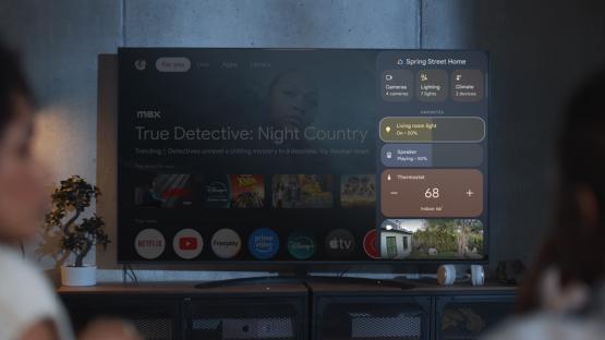 Google TV interface showing True Detective: Night Country and smart home controls.