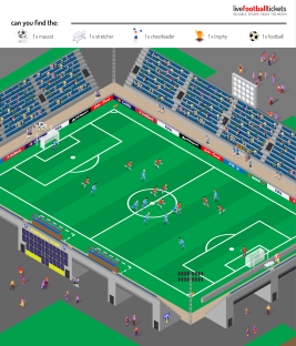 Illustration of a soccer stadium with a game in progress; a list of items to find is shown above the image.
