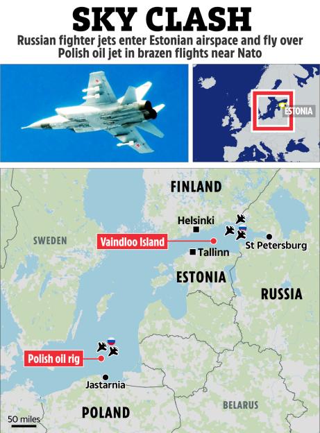 Illustration of Russian fighter jets entering Estonian airspace and flying over a Polish oil rig, with maps of the flight paths.