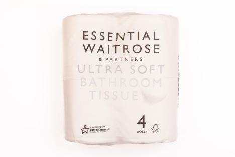 Four rolls of Waitrose Ultra Soft bathroom tissue.