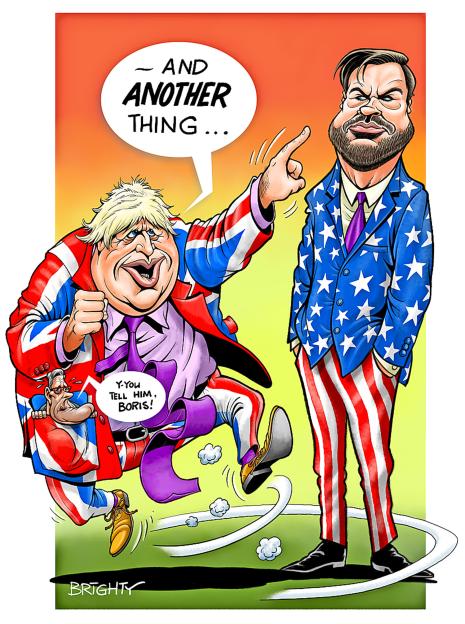 Illustration of Boris Johnson, dressed in a Union Jack suit, shouting at a man in an American flag suit.