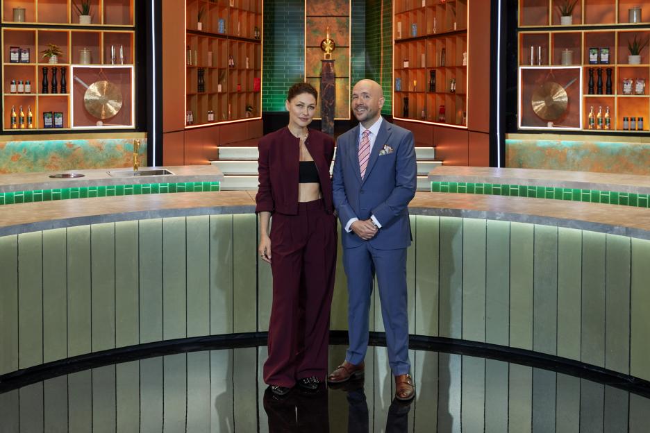 Emma Willis and Tom Allen on the set of Cooking With The Stars.