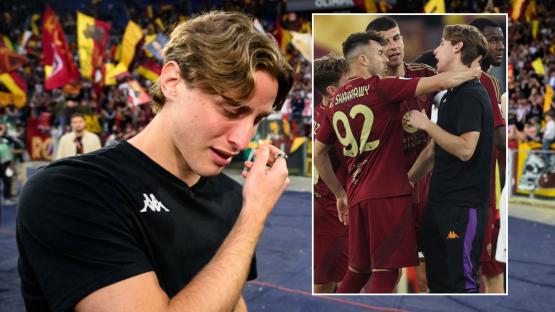 Serie A star Edoardo Bove breaks down in tears as he makes first appearance at Roma stadium since collapsing on pitch