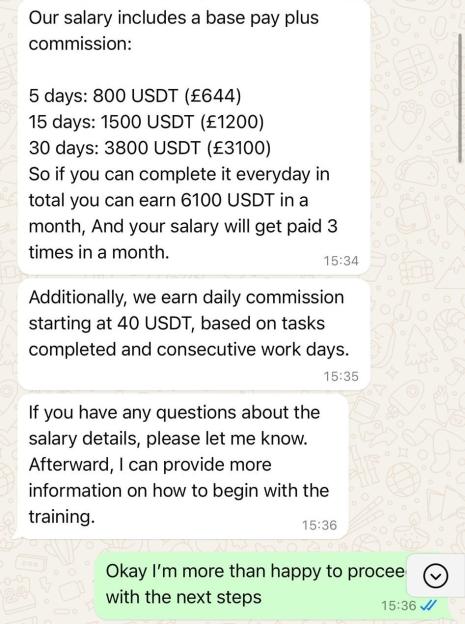 A WhatsApp message conversation detailing salary and commission, with a user responding, "Okay I'm more than happy to proceed with the next steps."