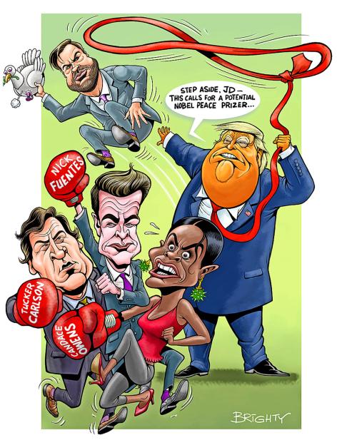 Illustration of a political cartoon depicting Donald Trump, with Candace Owens, Tucker Carlson, and Nick Fuentes in boxing gloves, and another man holding a dove.