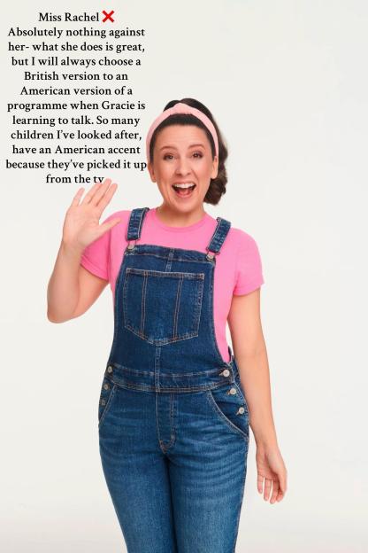 Text saying 'Miss Rachel X' and a mom explaining why she doesn't want her baby to watch American TV shows.
