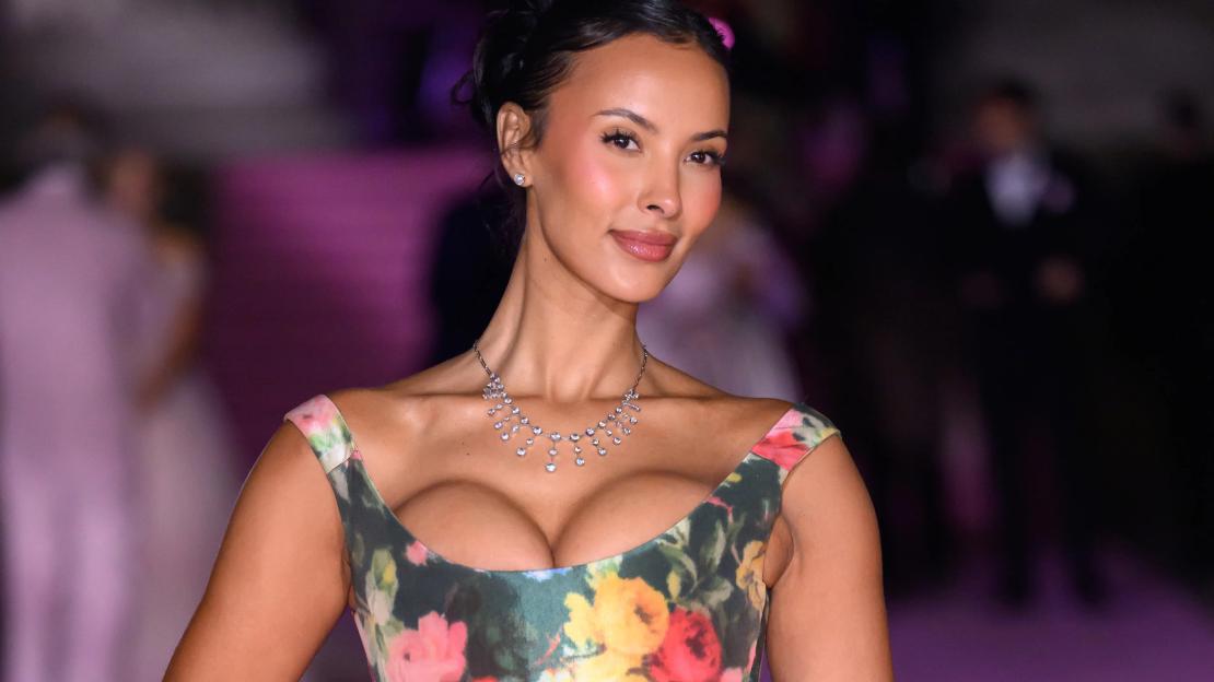 Maya Jama in a floral dress and diamond necklace at the British Museum Ball.