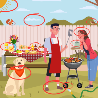 Illustration of a family barbecue with 12 differences to spot.