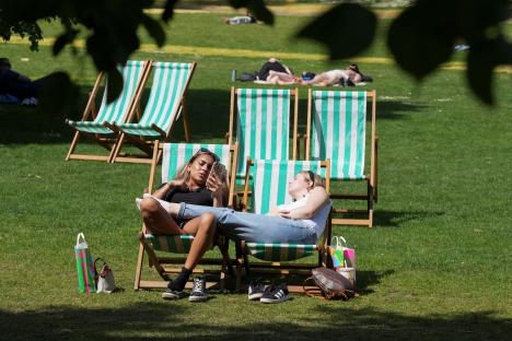 People relaxing in deck chairs on a sunny day in a park.