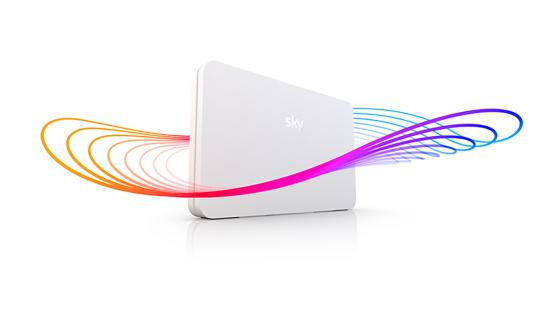 Sky broadband router with colorful data streams.