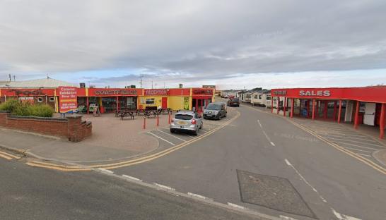 Coastfields Holiday Park in Ingoldmells, showing reception, sales, and caravan exhibition areas.