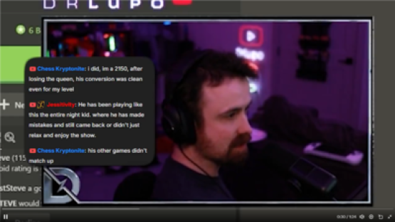 Screenshot of a livestream showing a man playing chess, with chat messages visible.