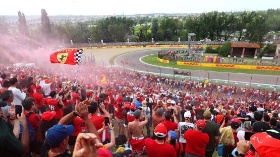 Formula 1 race spectators cheering.