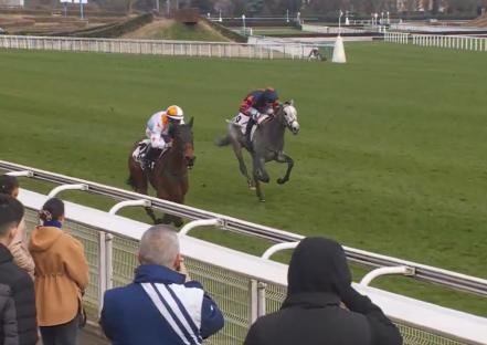 Two horses racing on a track.