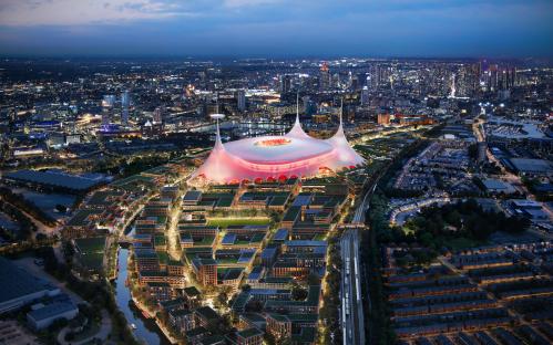 Illustration of a proposed 100,000-seat Manchester United stadium and surrounding development.
