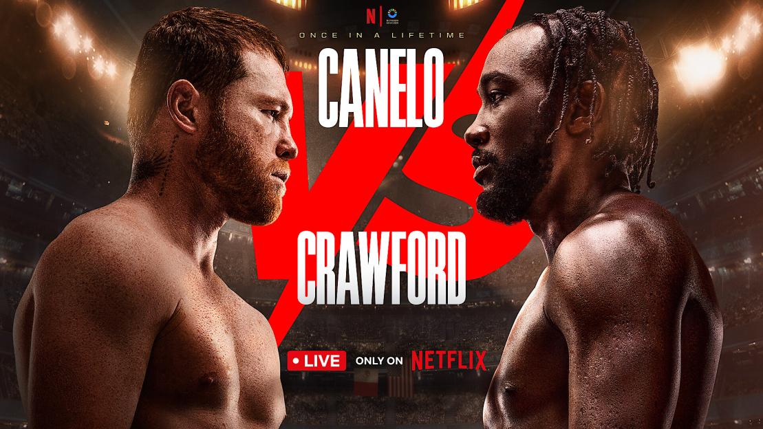 Promotional image for Canelo vs. Crawford boxing match on Netflix.