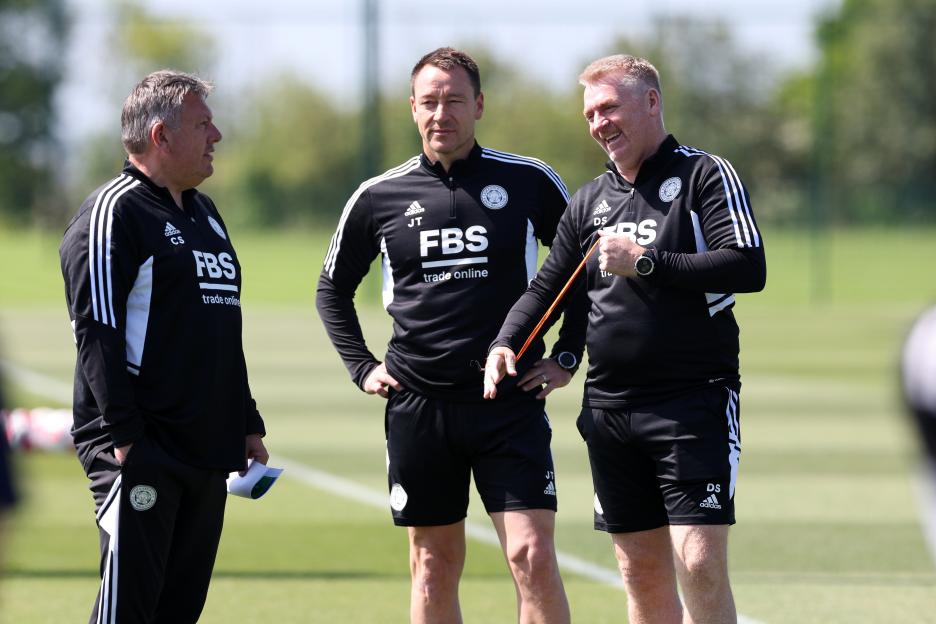 Leicester City manager Dean Smith with coaches John Terry and Craig Shakespeare at training.