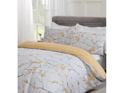 Duvet cover and pillowcases with grey and yellow blossom print.