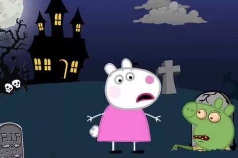 Illustration of Peppa Pig looking scared in a graveyard with a zombie pig.