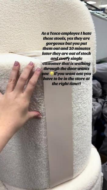 A hand touching a cream-colored, fluffy ottoman stool with text overlay showing a Tesco employee's frustration about the popular, quickly sold-out stools.