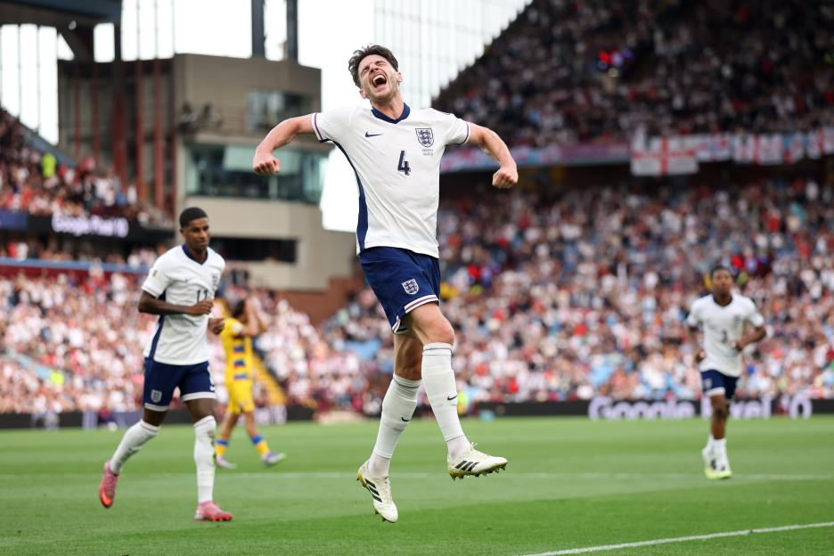 Declan Rice of England celebrates scoring a goal.