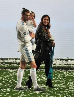 Gareth Bale with daughter Alba, fiancÃƒ©e Emma Rhys-Jones and baby Axel 