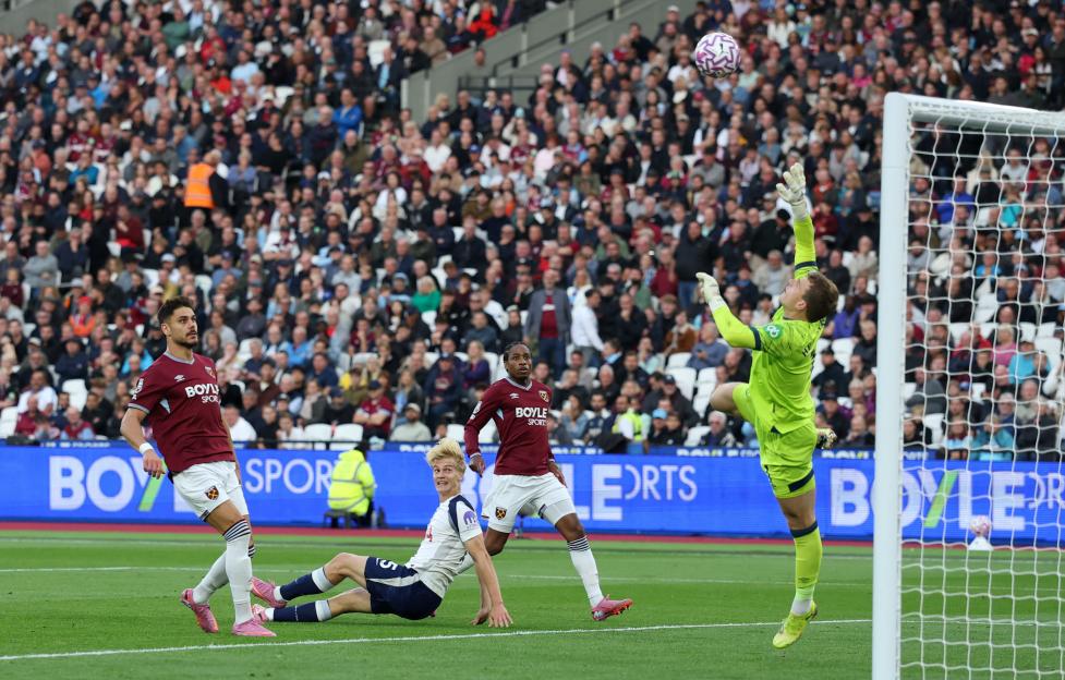 Lucas Bergvall scoring a goal during a soccer match.