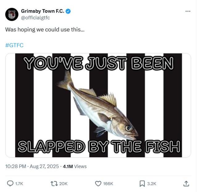 Tweet with illustration of a fish and text "You've just been slapped by the fish".
