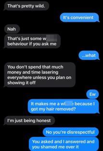Screenshot of text messages showing a boyfriend shaming his girlfriend for getting laser hair removal.
