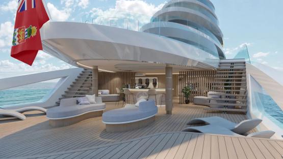 Illustration of the Haven superyacht's aft deck, featuring seating, a bar, and stairs.