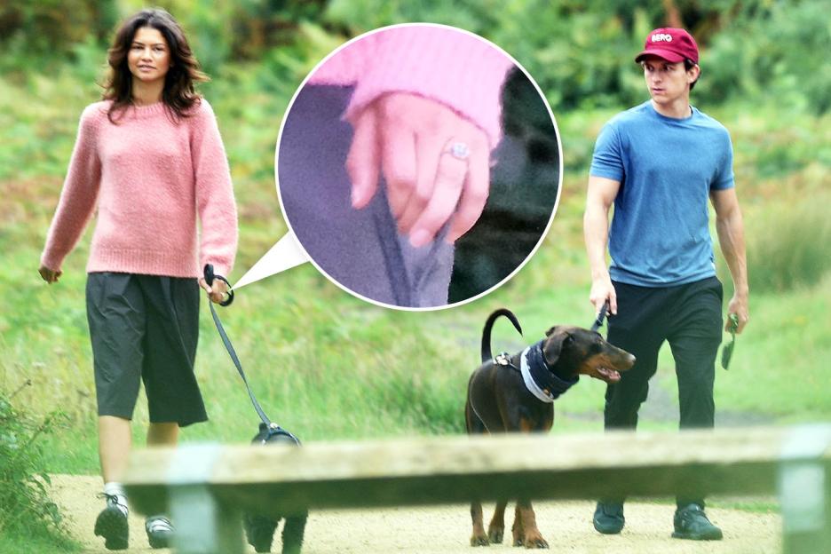 Tom Holland and Zendaya walking dogs; close-up of Zendaya's ring.