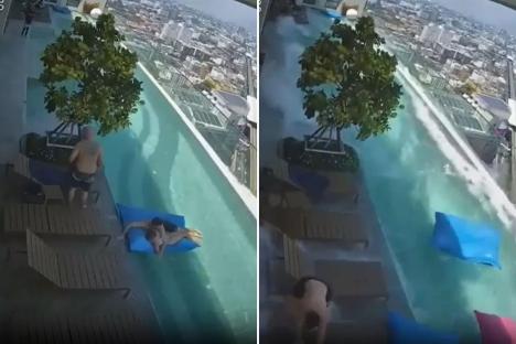 Watch terrifying moment swimmer is nearly swept off roof in Bangkok as pool water sloshes over during Myanmar quake