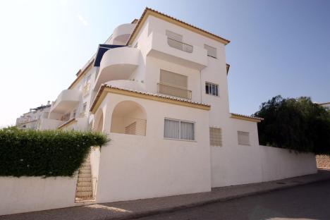 White apartment building in Praia da Luz, Portugal.