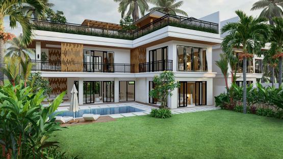 Illustration of a two-story villa with a pool and lush landscaping.